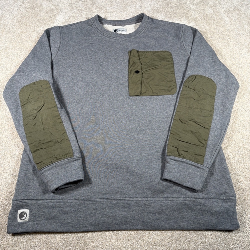 MuskOx Mens Long Sleeve Crew Neck‎ Sweatshirt Large Gray Fleece Elbow Patches